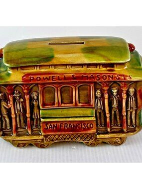 Vintage Ceramic Powell & Hyde Mason San Francisco Cable Car Trolley Piggy Bank